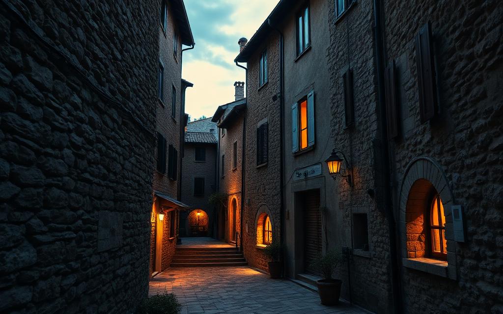 Vicolo di un borgo medievale toscano al crepuscolo