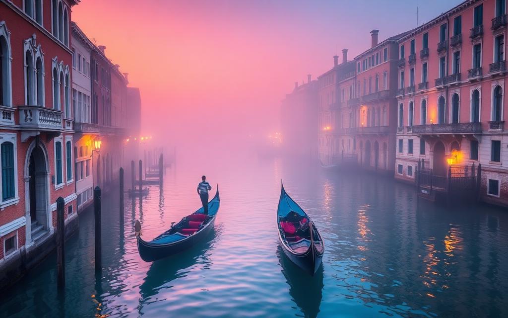 Canale di Venezia all'alba con gondole nella nebbia rosa