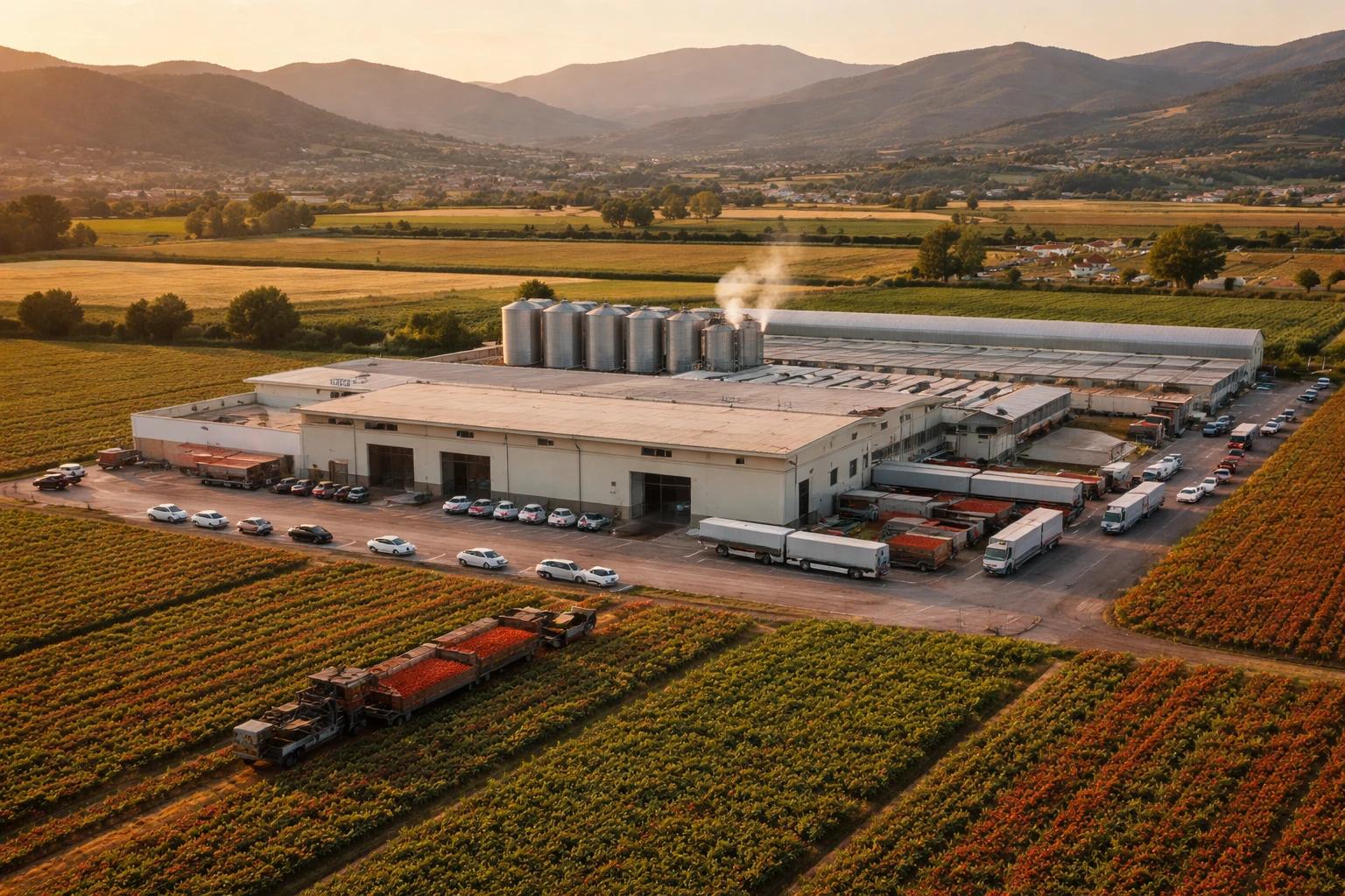 Stabilimento Satos a Ponte Buggianese con campi di pomodoro e colline toscane.