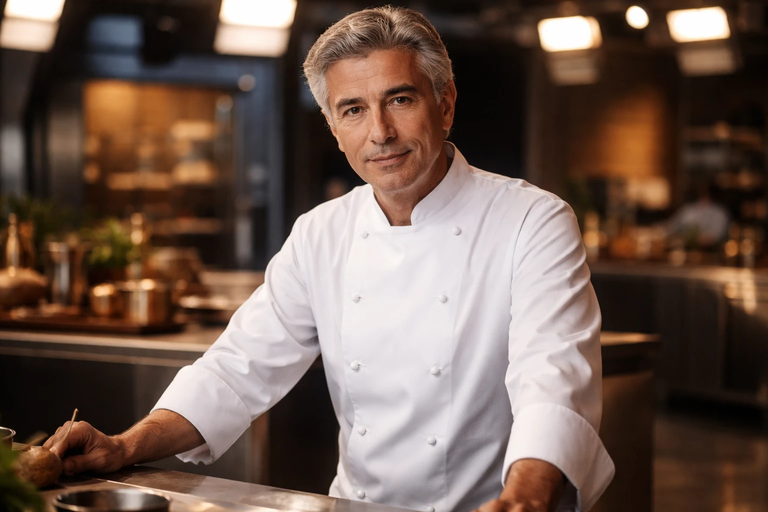 Giorgio Locatelli in giacca da cuoco dietro il bancone di una cucina televisiva, sguardo composto e sorriso contenuto.