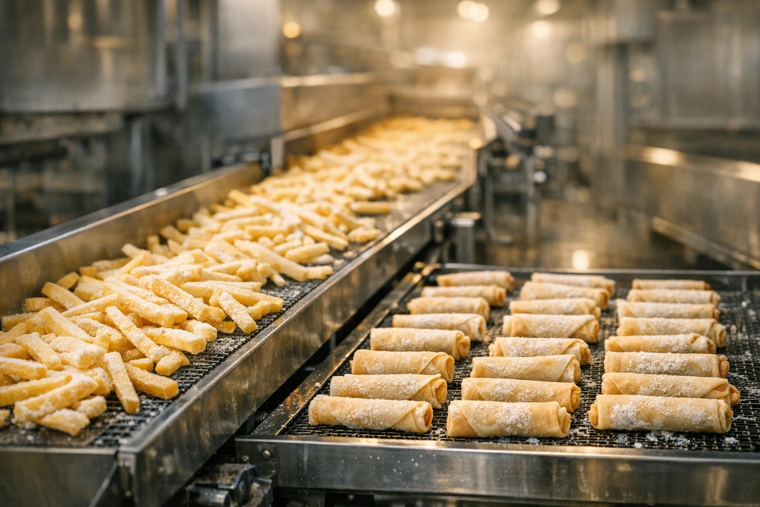 Linea di produzione di patatine fritte e involtini primavera surgelati in un moderno stabilimento industriale